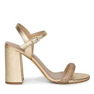 Saint Gracie Strass Embellished Metallic Gold Leather Block Heels