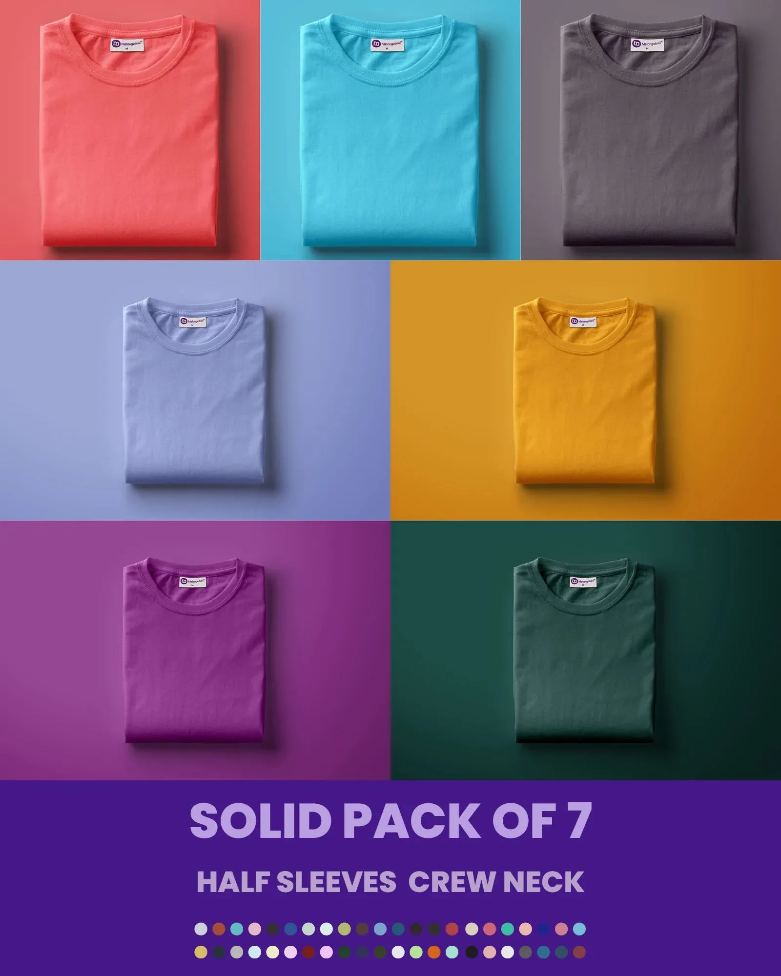 Solid Pack of 7: Half Sleeves Crew Neck