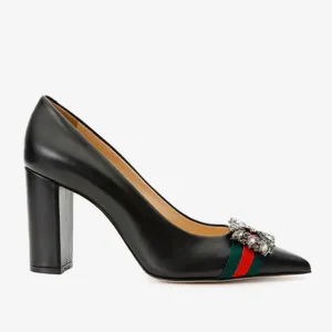 The Afega Black Leather Block Heel Pump Women Shoe