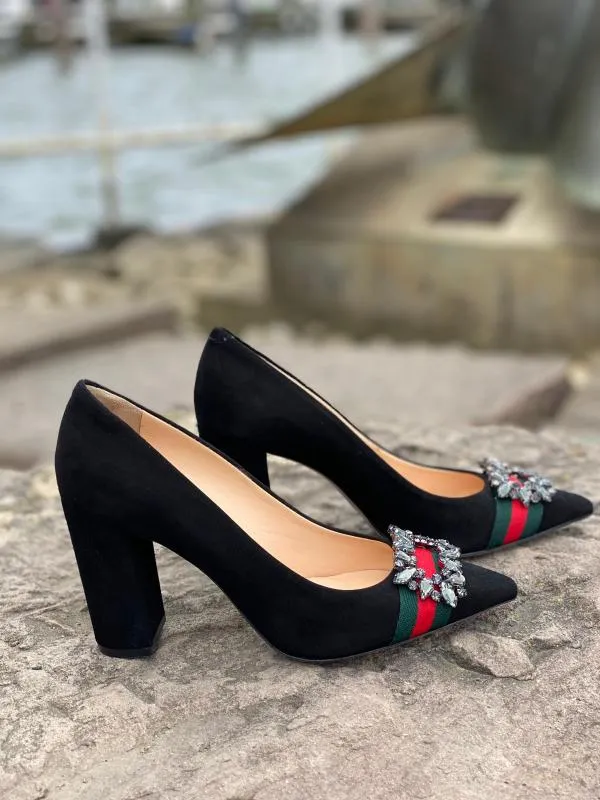 The Afega Black Suede Leather Block Heel Pump Women Shoe