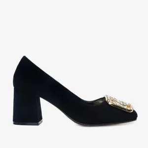 The California Black Suede Leather Block Heel Pump Women Shoe