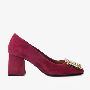 The California Burgundy Suede Leather Block Heel Pump Women Shoe