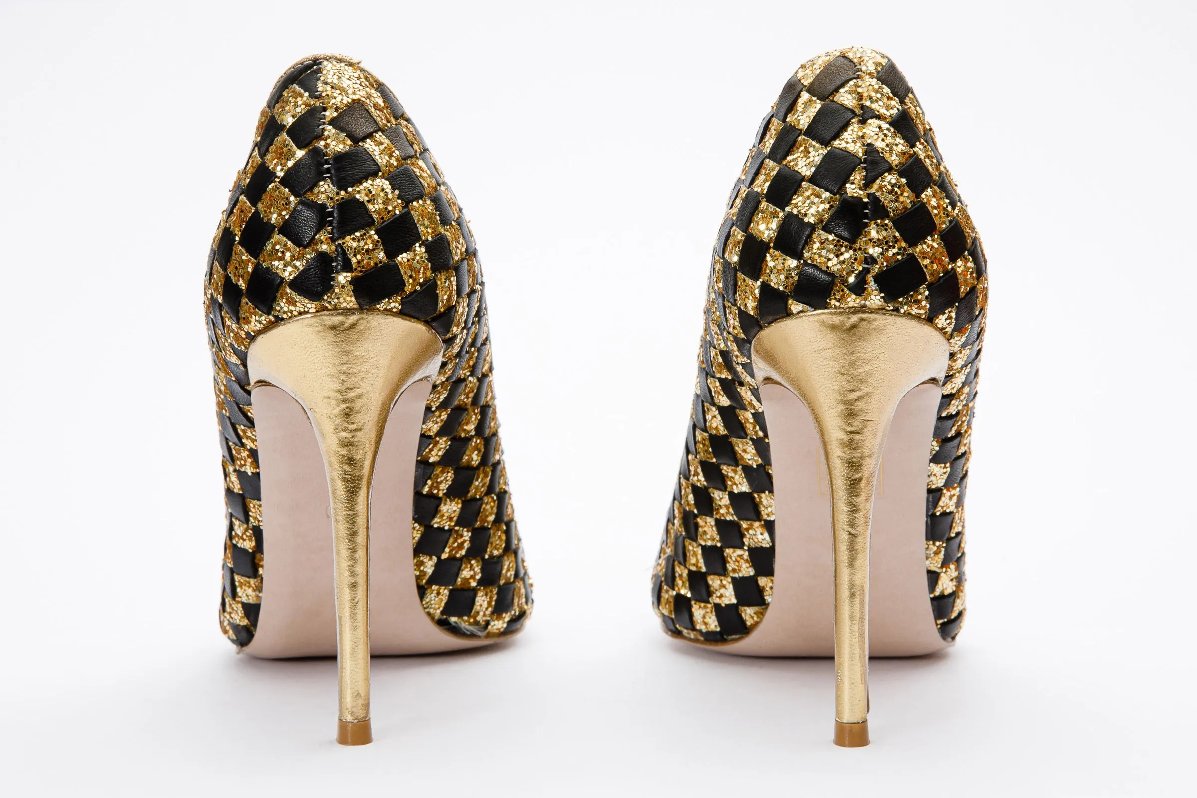 The Saks Tory Gold & Black Handwoven Leather Pump Women Shoe