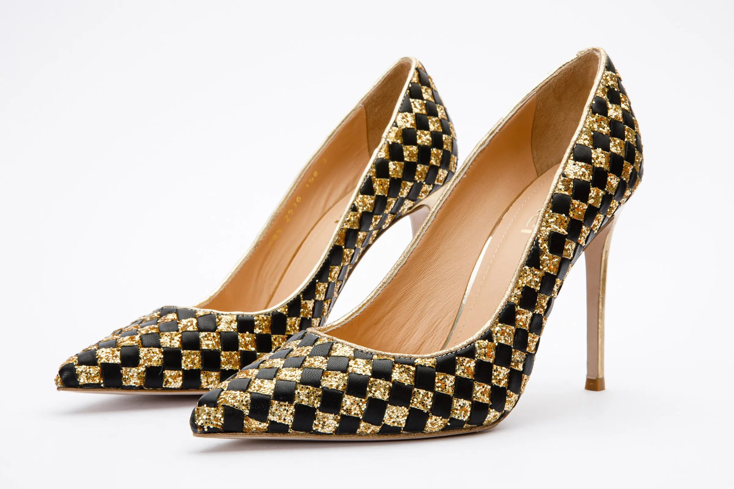 The Saks Tory Gold & Black Handwoven Leather Pump Women Shoe