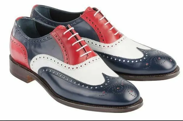 Three Tone Red Black White Premium Leather Wing Tip Rounded Brogue Toe Men Shoes