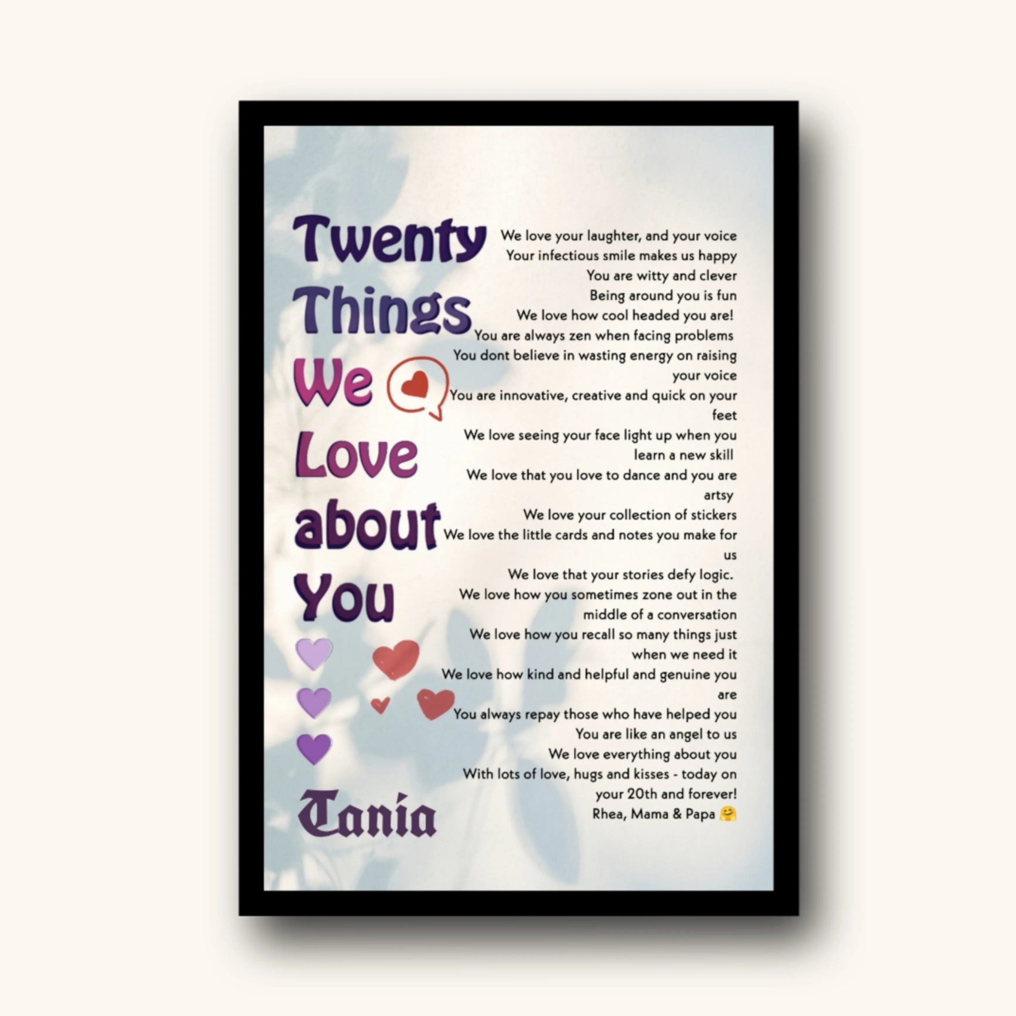 Twentieth Birthday Gift Personalized Framed Poster