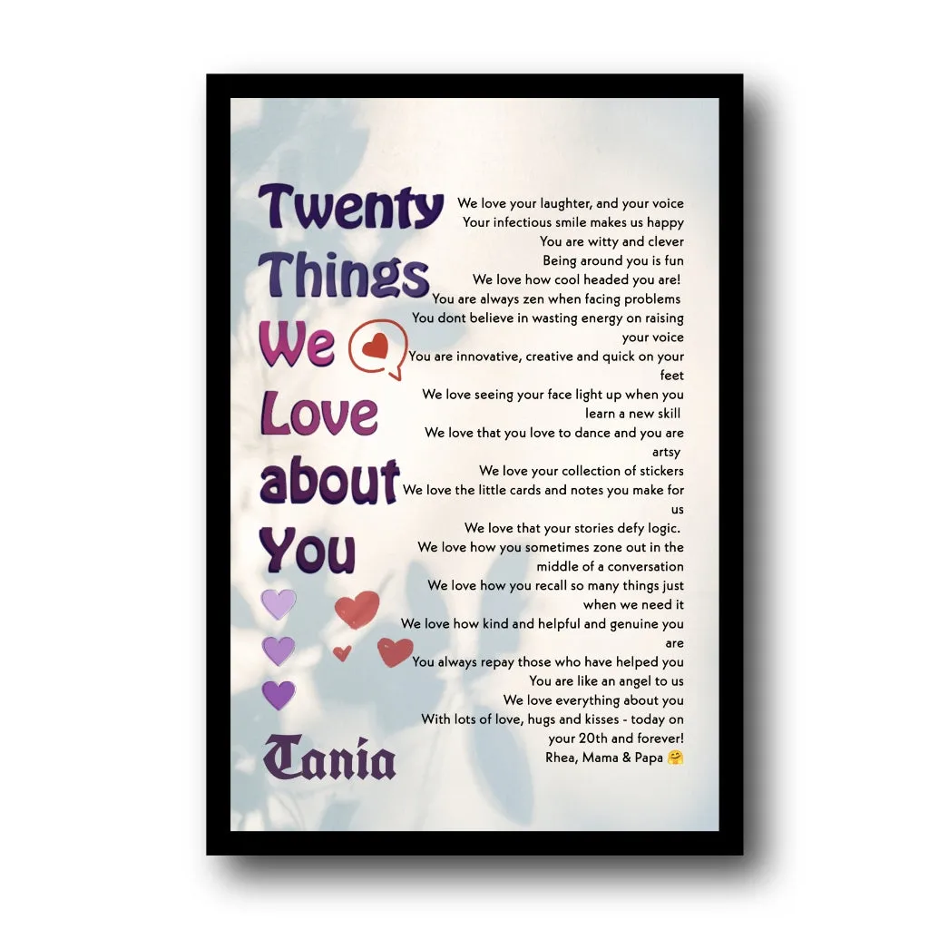 Twentieth Birthday Gift Personalized Framed Poster