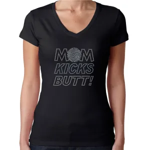 Womens T-Shirt Rhinestone Bling Black Fitted Tee Mom Kicks Butt Volleyball