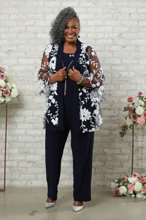 Women's Threadwork Floral Pantsuit with Sheer Bell Sleeves